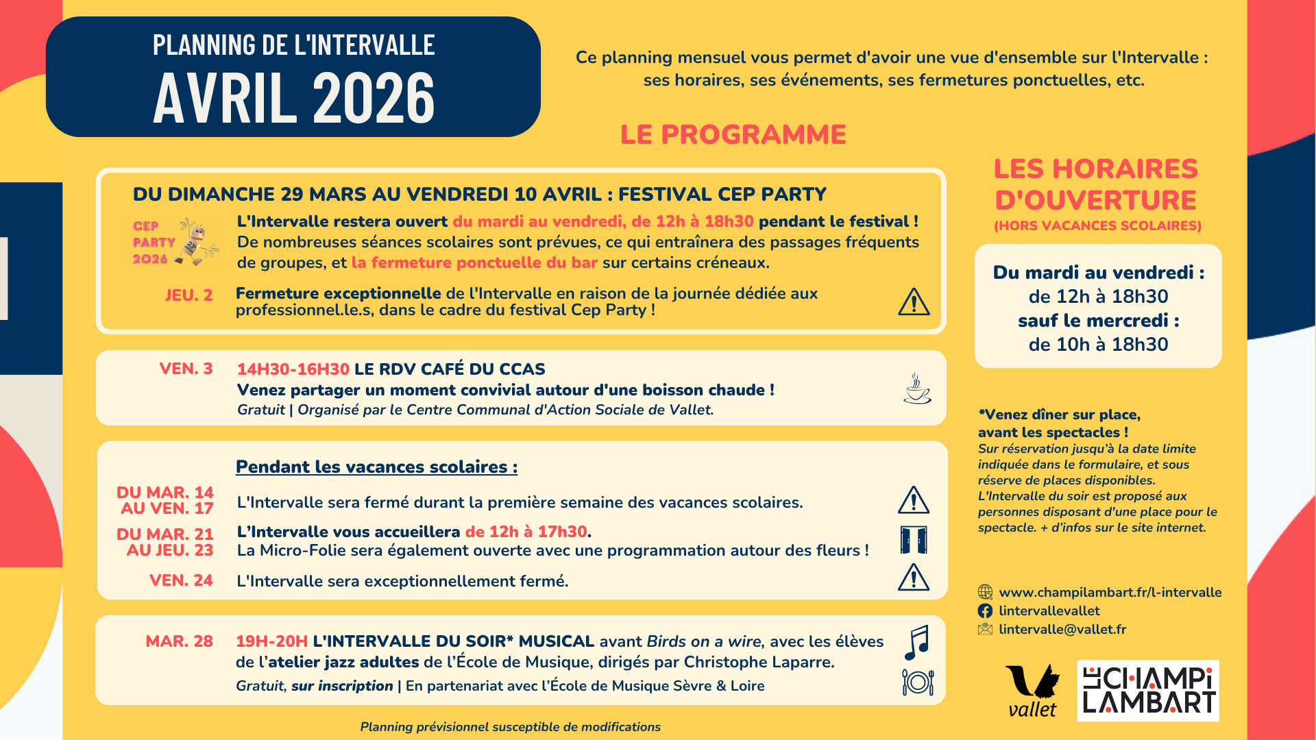 Planning Intervalle Avril 2026